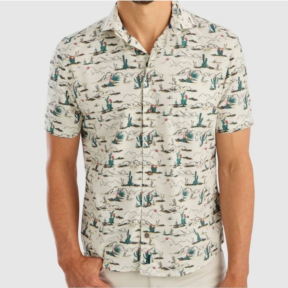 johnnie-O Cream Short-Sleeve Button-Down with Teal & Brown Desert Print